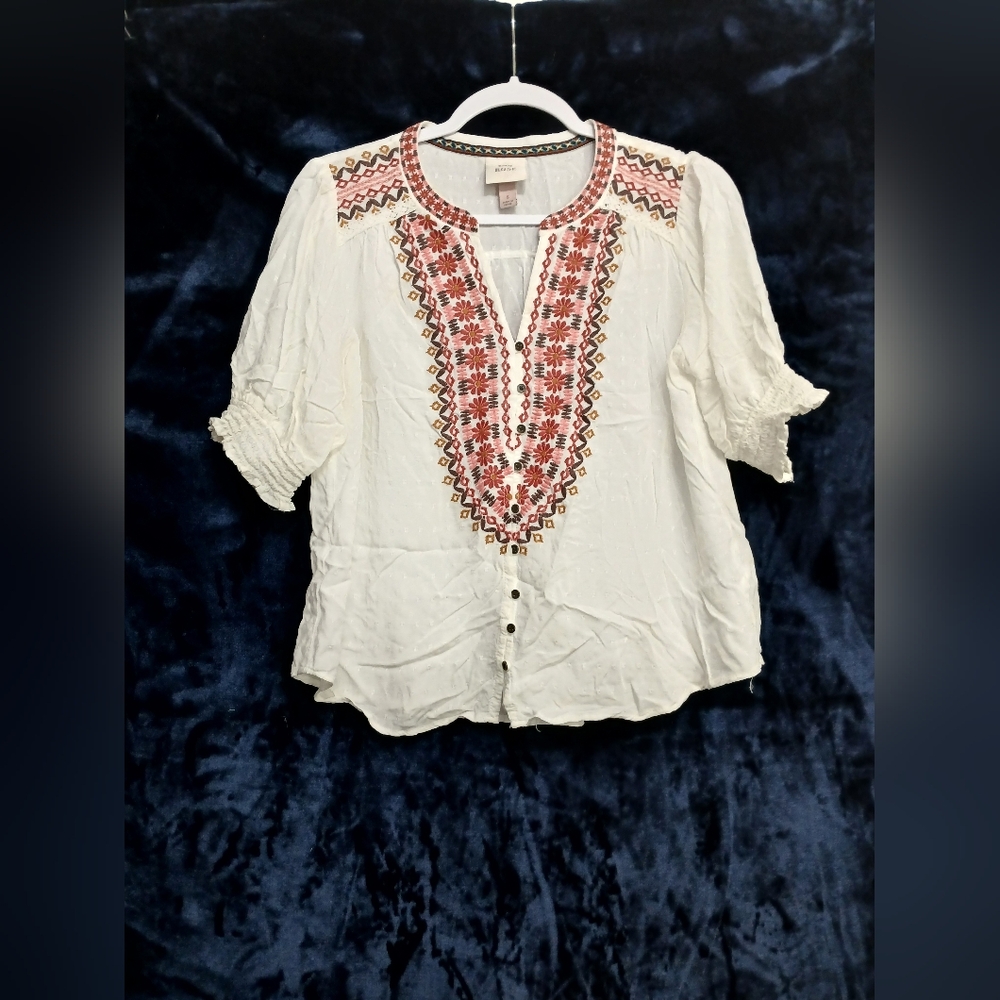 Knox Rose White Blouse with Red Embroidery